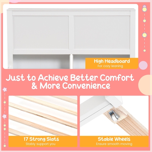 Gymax Full/Twin Wooden Platform Bed with Trundle Storage Headboard Pull Out Shelves White