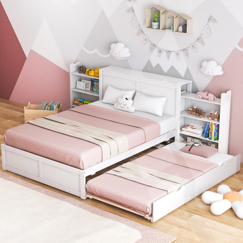 Gymax Full/Twin Wooden Platform Bed with Trundle Storage Headboard Pull Out Shelves White