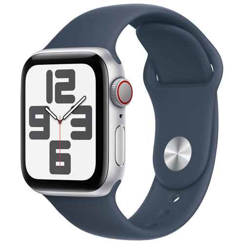 Apple Watch SE avec boîtier de 40 mm en aluminium argenté et bracelet sport bleu tempête - Moyen/Grand