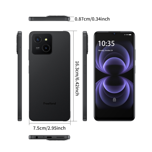 Téléphone intelligent FreeYond 5 A, écran HD intégrale + 6,6 po, 256G-Noir-déverrouillé