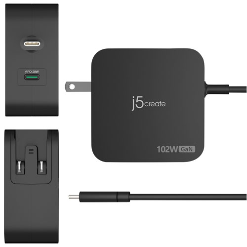 Chargeur mural à 2 ports USB-C PD de 102 W de j5create - Noir