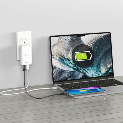 j5create Slim 65W 2-Port USB-C Wall Charger with Power Delivery - White