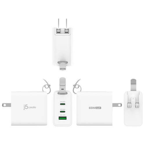 Chargeur mural à 3 ports USB-A/USB-C de 45 W Traveler de j5create - Blanc