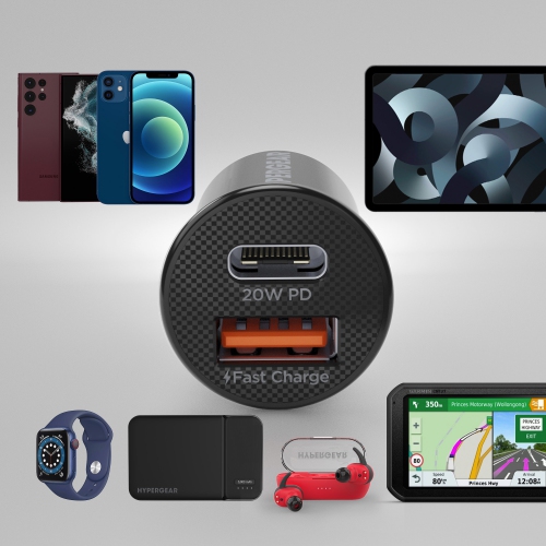 Chargeur rapide pour l'auto USB-C PD + 18&nbsp;W mini 20&nbsp;W de HyperGear - Noir