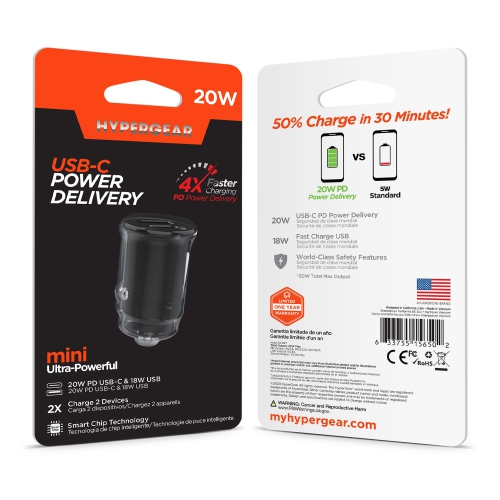 Chargeur rapide pour l'auto USB-C PD + 18&nbsp;W mini 20&nbsp;W de HyperGear - Noir