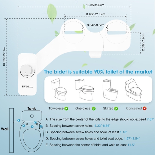 Ultra-Thin Toilet Bidet Attachment, Dual Nozzle Self Cleaning Bidet Toilet Non-Electric with Adjustable Water Pressure