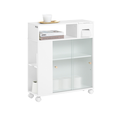SoBuy BZR117-W, Bathroom Cabinet Storage Cabinet with 2 Sliding Glass Doors, Bathroom Toilet Paper Roll Holder On Wheels