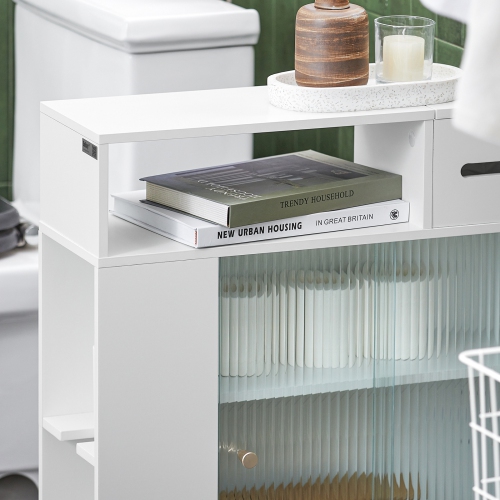 SoBuy BZR117-W, Bathroom Cabinet Storage Cabinet with 2 Sliding Glass Doors, Bathroom Toilet Paper Roll Holder On Wheels