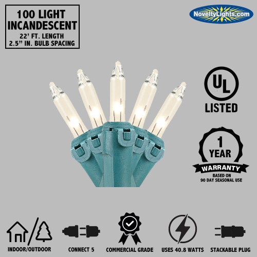 Novelty Lights 22 Feet 100 Bulbs Traditional Incandescent Mini Lights, Clear with 2.5" Spacing, Commercial Grade and UL Listed for Indoor/Outdoor