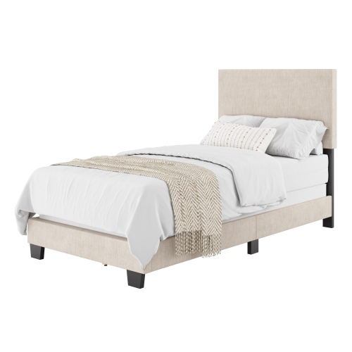 CorLiving Celeste Upholstered Fabric Single Bed Frame with Wood slats in Beige