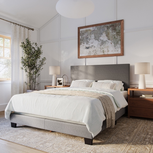 CorLiving Celeste Modern Upholstered Queen Bed Frame with Headboard, Dark Grey