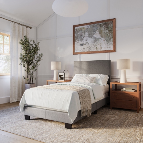 CorLiving Celeste Modern Upholstered Twin/ Single Bed Frame with Headboard, Dark Grey