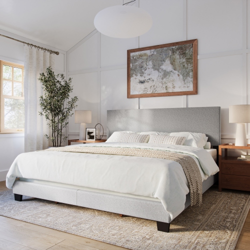 CorLiving Celeste Modern Upholstered King Bed Frame with Headboard, Light Grey