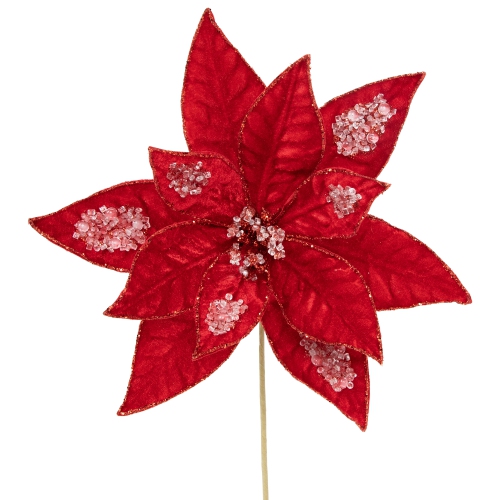 28" Icy Red Velvet Poinsettia Glittered Christmas Stem Spray