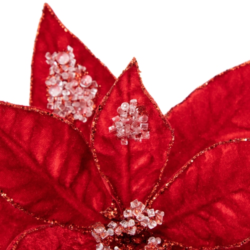 28" Icy Red Velvet Poinsettia Glittered Christmas Stem Spray