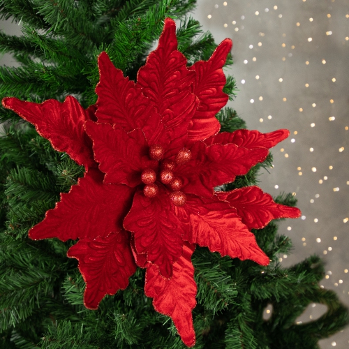 24" Glittered Red Poinsettia Christmas Stem Spray