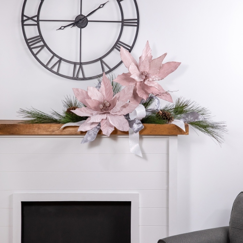 24" Glittered Pink Poinsettia Christmas Stem Spray