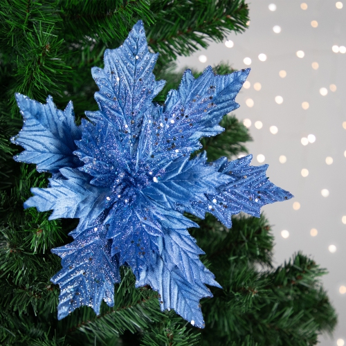 24" Glittered Blue Poinsettia Christmas Stem Spray