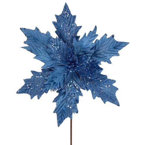 24" Glittered Blue Poinsettia Christmas Stem Spray