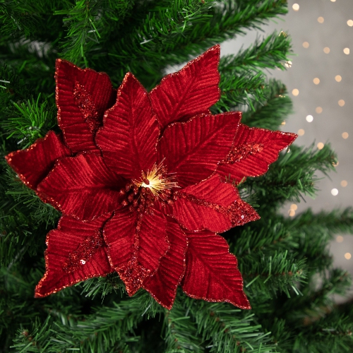 20" Lighted Red Velvet Poinsettia Christmas Stem Spray