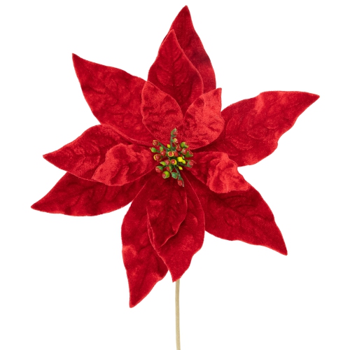 18" Glittered Red Velvet Christmas Poinsettia Stem Spray