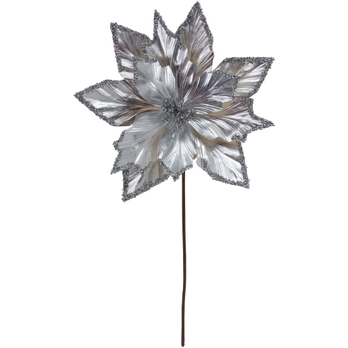 24" Metallic Silver Poinsettia Christmas Stem Spray