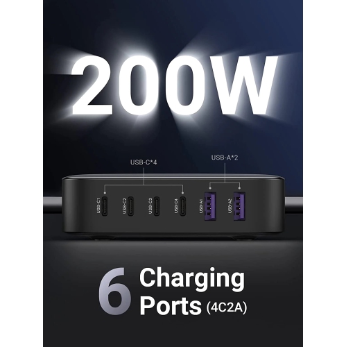 UGREEN 200W Desktop Fast Charger - 2x USB-A, 4x USB-C