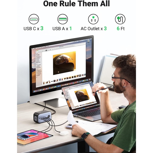 UGREEN 100W DigiNest Pro GaN Power Strip - 100W USB-C Charger , 3x AC Outlets, 3x USB-C, 1x USB A Ports