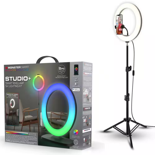 La lampe à anneau intelligent MLB7-1068-RGB Studio plus de Monster avec trousse de blogue vidéo DEL comprend un trépied avec support