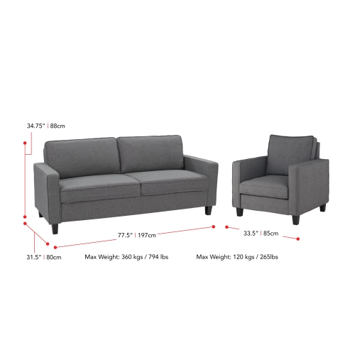 Ensemble sofa et fauteuil en tissu gris à trois places Georgia de CorLiving - 2pcs