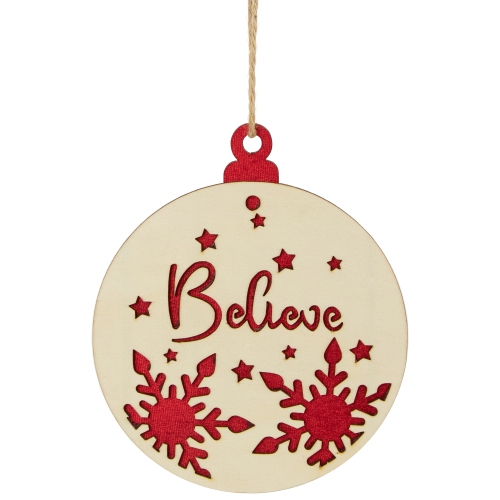Snowflake and Star Cutout "Believe" Disc Christmas Ornament - 7" - Red and Beige
