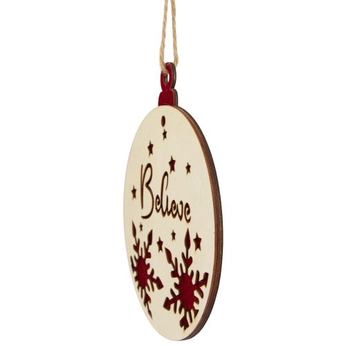 Snowflake and Star Cutout "Believe" Disc Christmas Ornament - 7" - Red and Beige