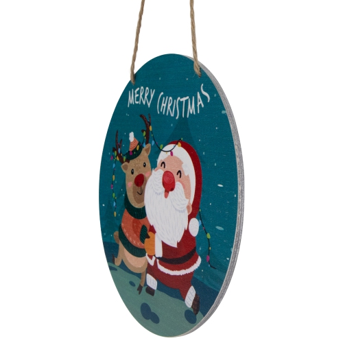 Santa and Reindeer "Merry Christmas" Disc Ornament - 8" - Blue and Red