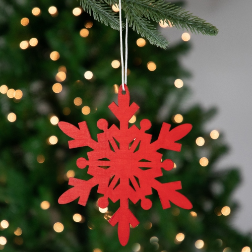6-Point Hanging Wooden Snowflake Christmas Ornament - 7.75" - Red
