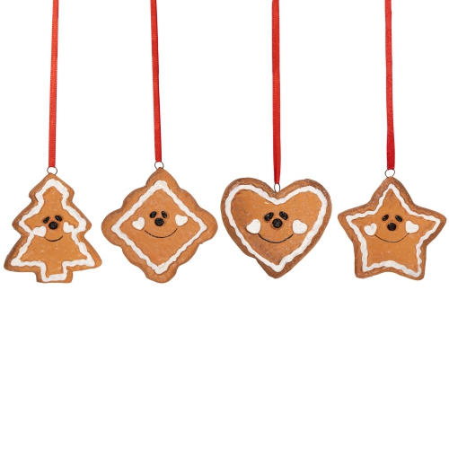 Gingerbread Heart Star Tree and Diamond Christmas Ornaments - 2.5" - Brown - Set of 4