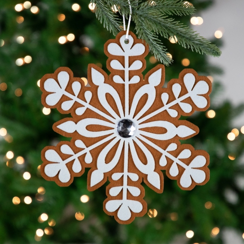 Gingerbread Snowflake Christmas Ornament with Gem - 10" - Brown and White