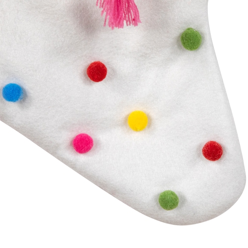 20" White Christmas Stocking with Multicolor Pom-Poms and Tassels