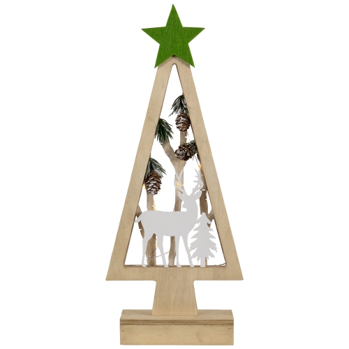 Lighted Wooden Christmas Tree with Star and Reindeer Woodland Scene - 15"