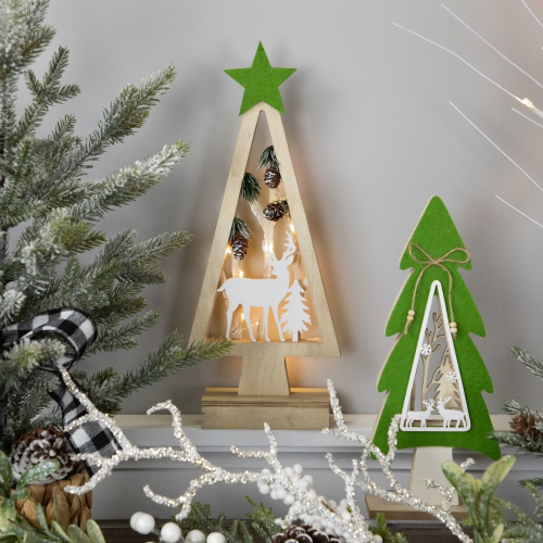 Lighted Wooden Christmas Tree with Star and Reindeer Woodland Scene - 15"