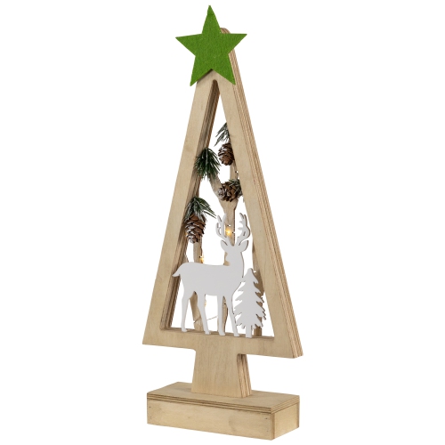 Lighted Wooden Christmas Tree with Star and Reindeer Woodland Scene - 15"