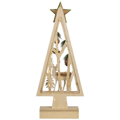Lighted Wooden Christmas Tree with Star and Reindeer Woodland Scene - 15"