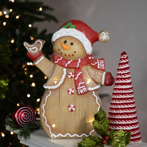 LED Lighted Gingerbread Snowman with Bird Christmas Figure - 15"