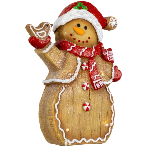 LED Lighted Gingerbread Snowman with Bird Christmas Figure - 15"