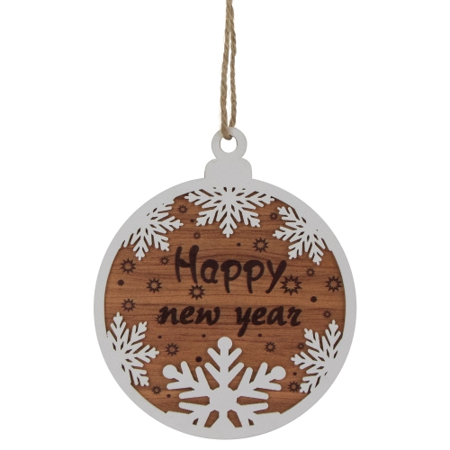 Wooden Snowflake "Happy New Year" Christmas Ornament Disc - 7" - White and Brown