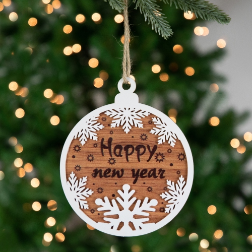 Wooden Snowflake "Happy New Year" Christmas Ornament Disc - 7" - White and Brown