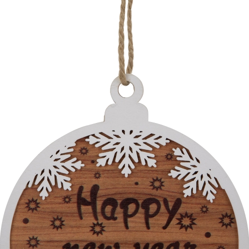 Wooden Snowflake "Happy New Year" Christmas Ornament Disc - 7" - White and Brown
