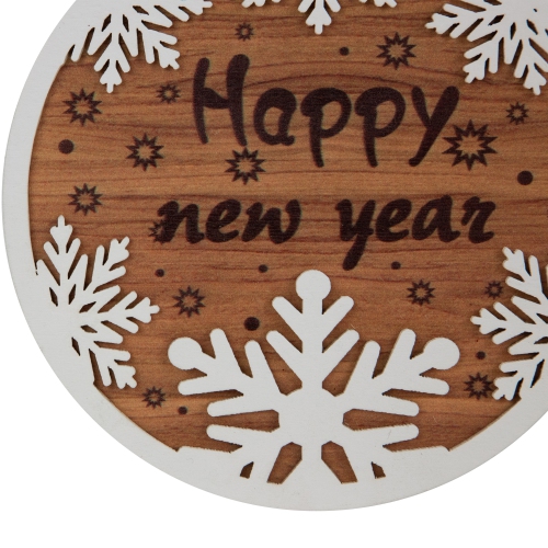 Wooden Snowflake "Happy New Year" Christmas Ornament Disc - 7" - White and Brown