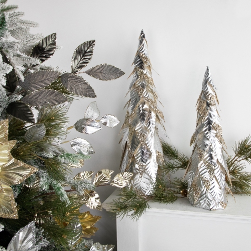 Sequined Layered Leaves Christmas Cone Tree - 20" - Platinum and Champagne Finish