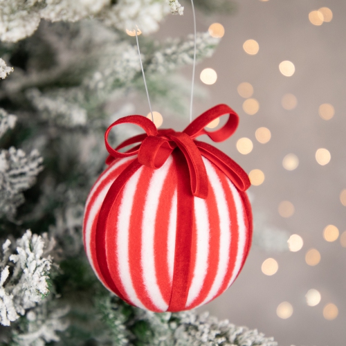 Striped Candy Cane Christmas Ball Ornament - 4" - Red and White