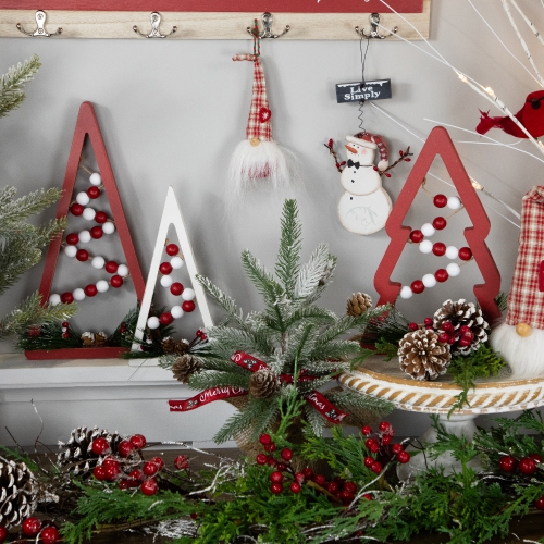 Wooden Trees with Beads Christmas Decorations - 11.75" - Red and White - Set of 3